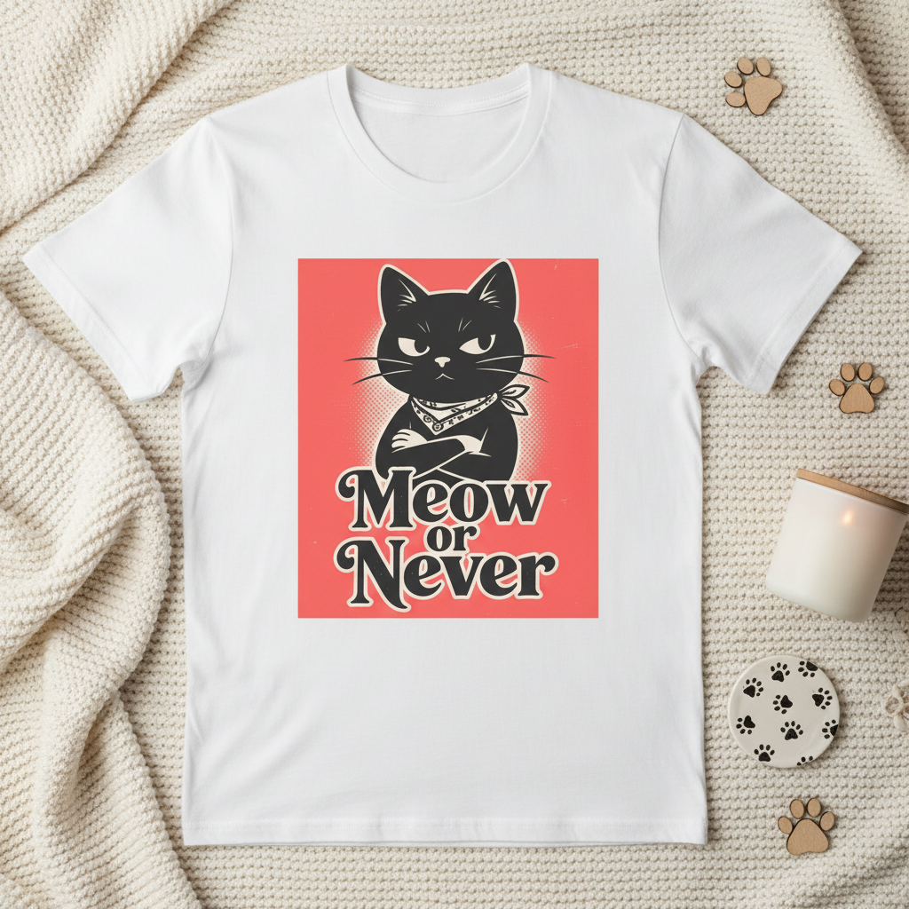 Meow or Never Black Cat T-Shirt | Retro Cat Lover Gift Tee for Cat Mums & Dads