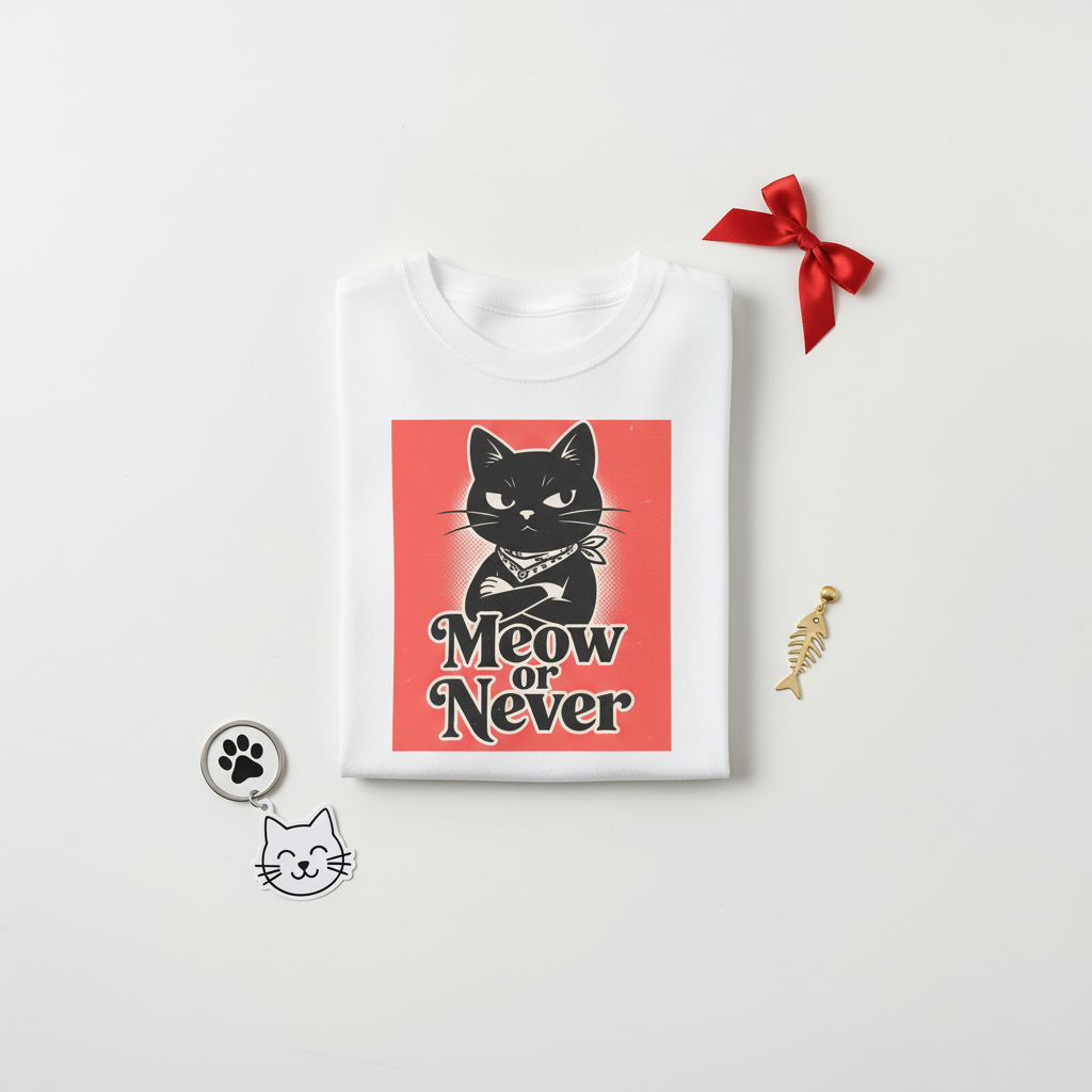 Meow or Never Black Cat T-Shirt | Retro Cat Lover Gift Tee for Cat Mums & Dads