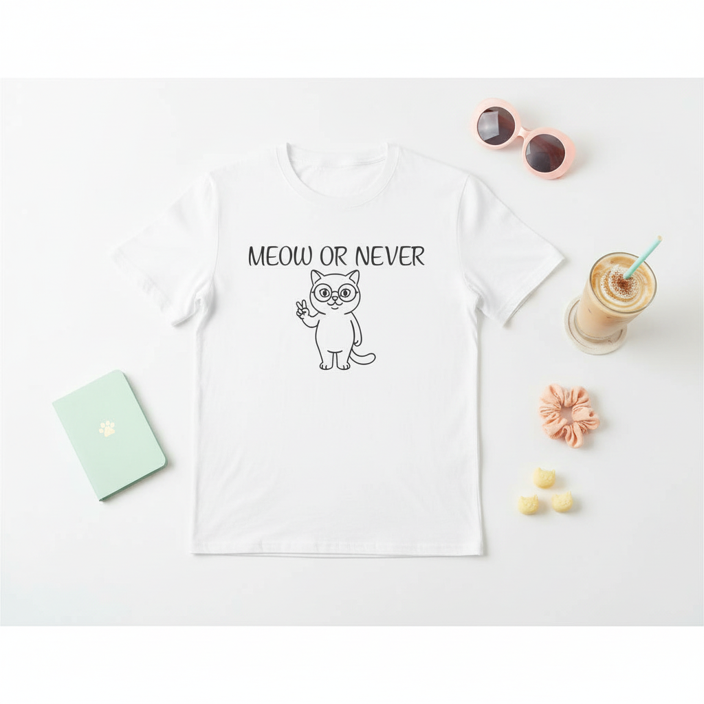Meow or Never Cat T-Shirt | Funny Retro Cat Lover Gift Tee for Cat Mums & Dads