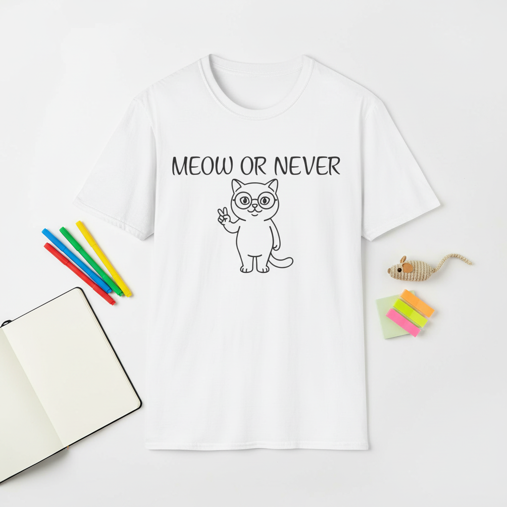 Meow or Never Cat T-Shirt | Funny Retro Cat Lover Gift Tee for Cat Mums & Dads