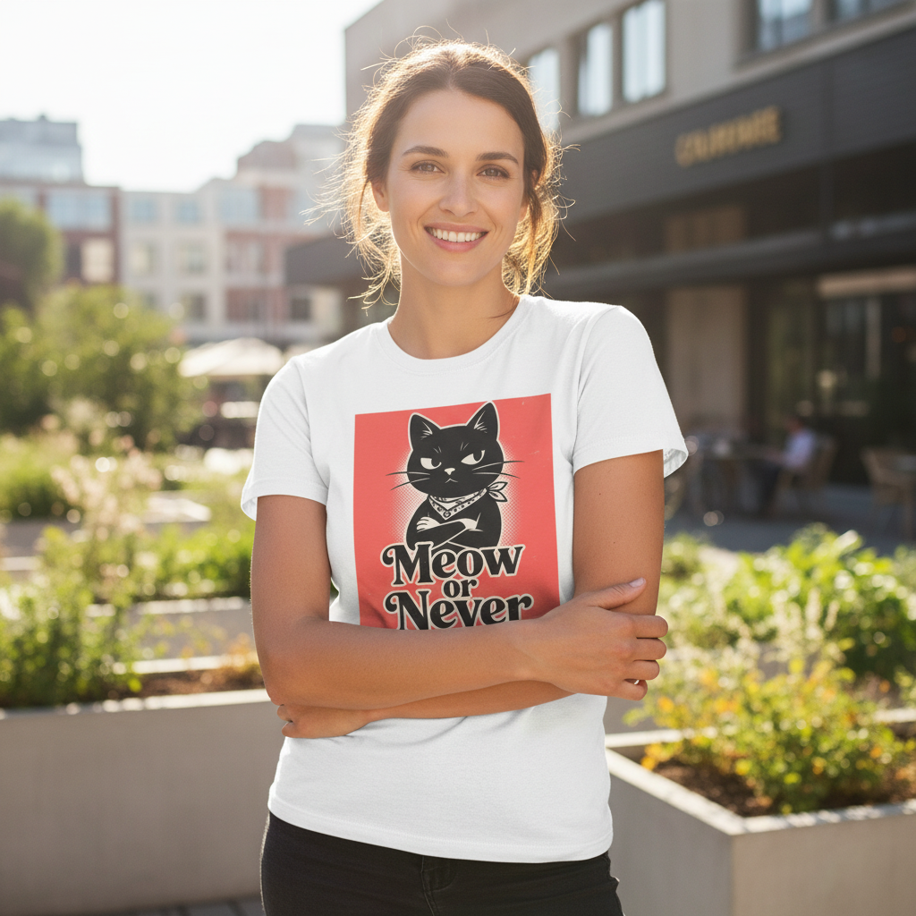 Meow or Never Black Cat T-Shirt | Retro Cat Lover Gift Tee for Cat Mums & Dads