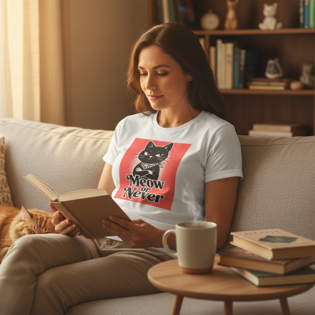 Meow or Never Black Cat T-Shirt | Retro Cat Lover Gift Tee for Cat Mums & Dads