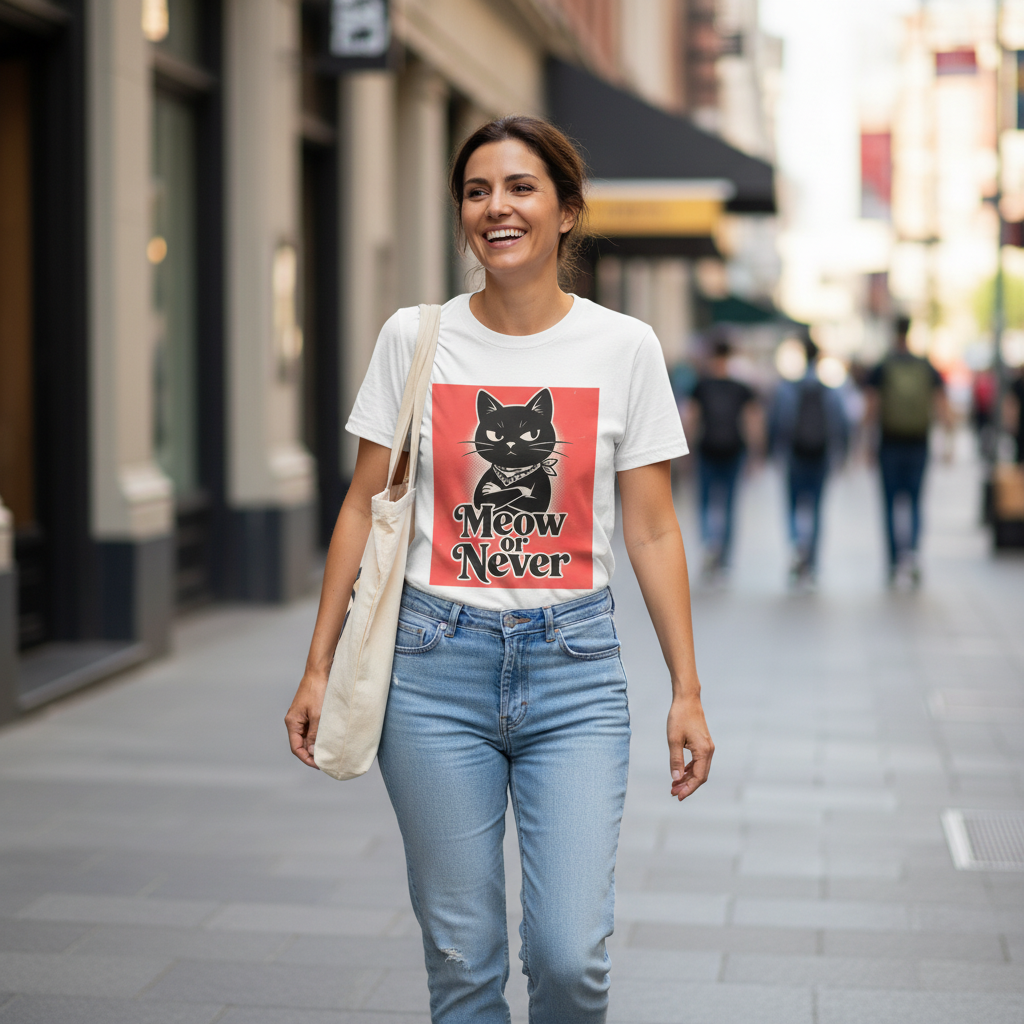 Meow or Never Black Cat T-Shirt | Retro Cat Lover Gift Tee for Cat Mums & Dads