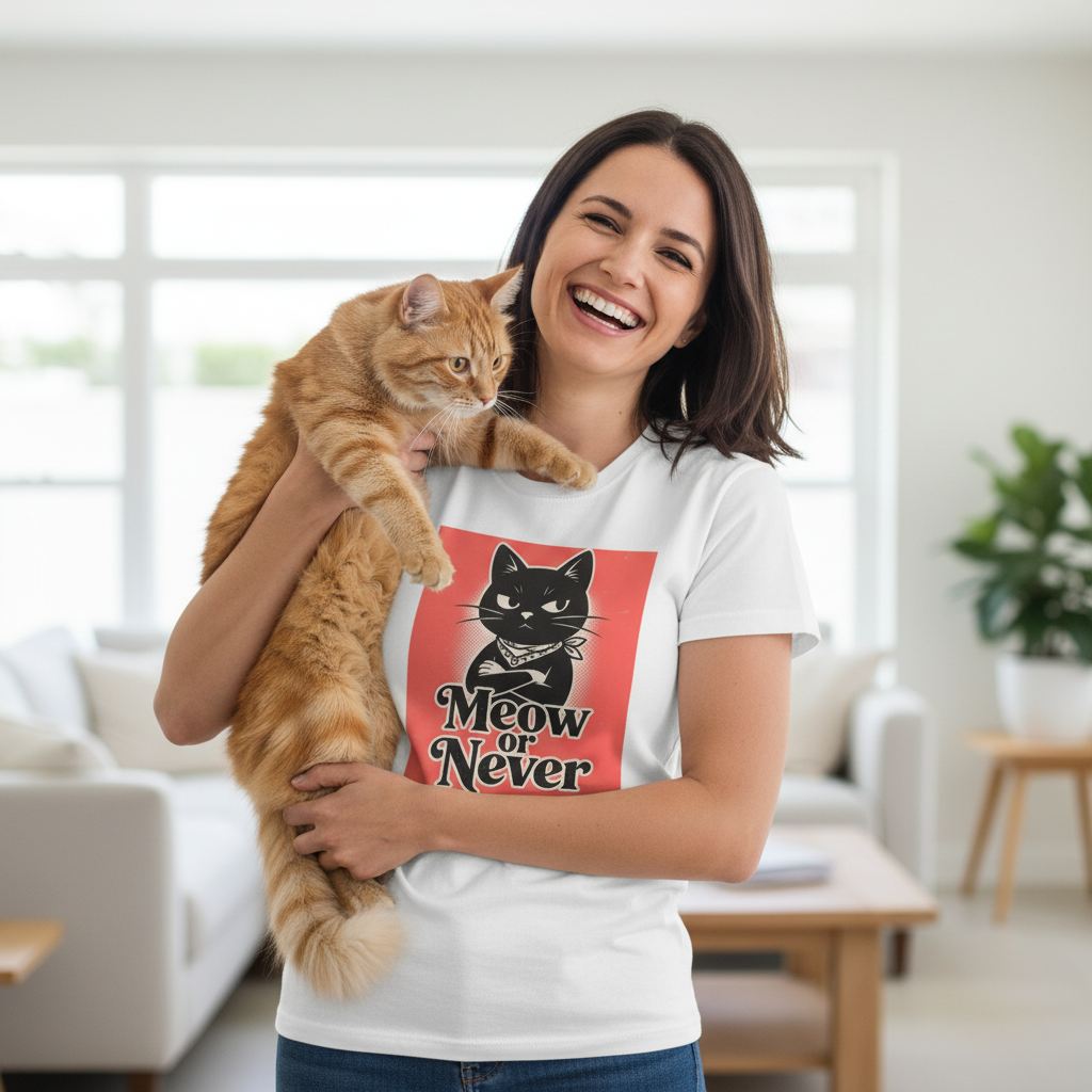 Meow or Never Black Cat T-Shirt | Retro Cat Lover Gift Tee for Cat Mums & Dads
