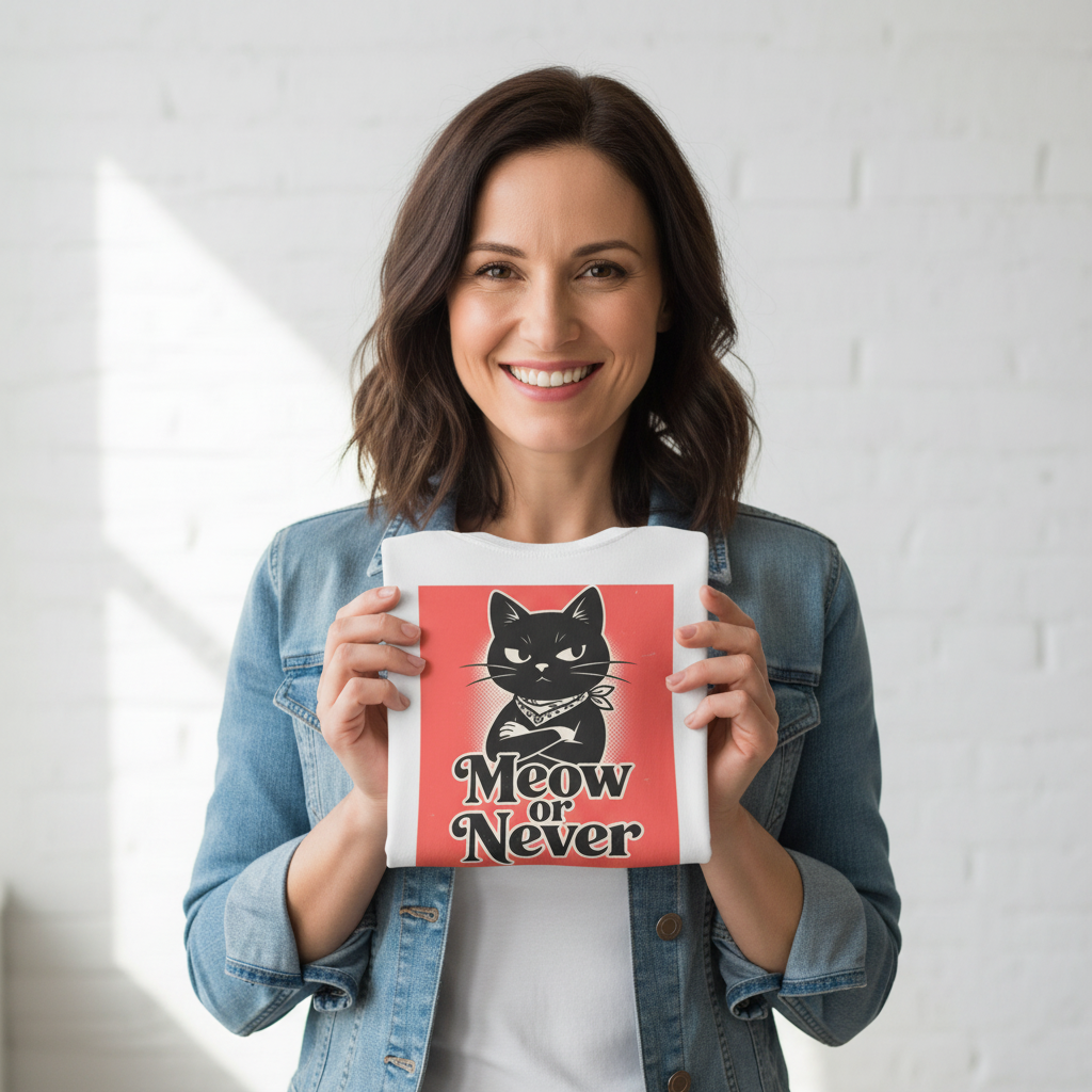 Meow or Never Black Cat T-Shirt | Retro Cat Lover Gift Tee for Cat Mums & Dads