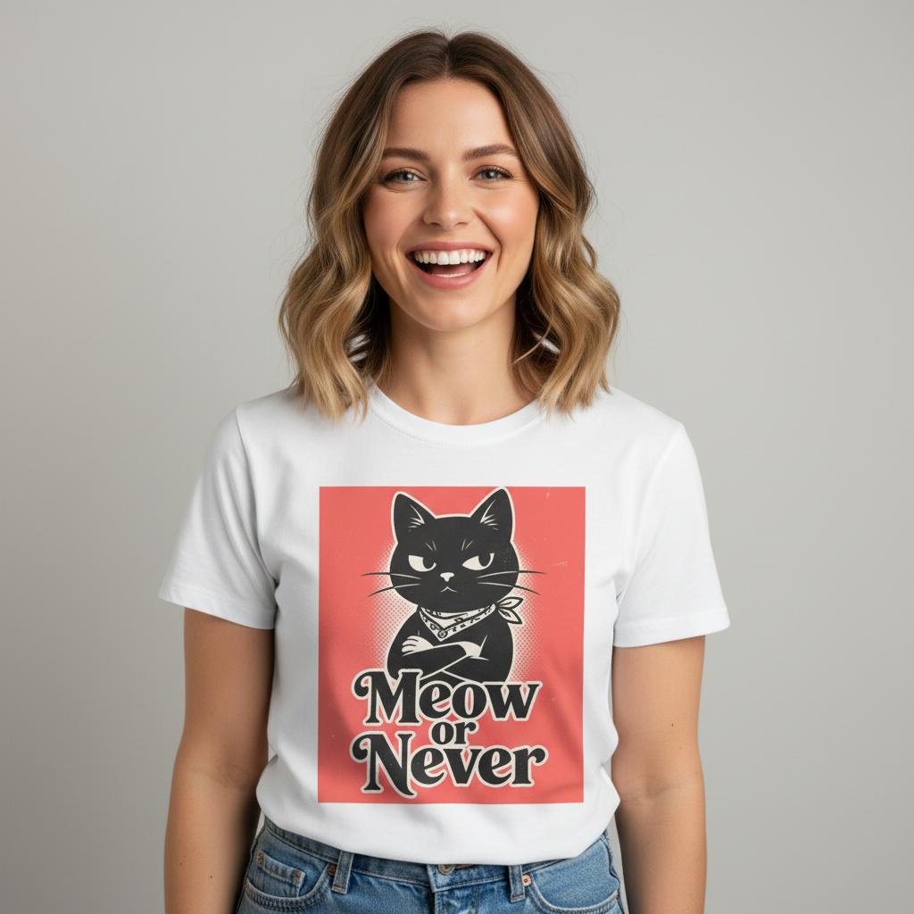 Meow or Never Black Cat T-Shirt | Retro Cat Lover Gift Tee for Cat Mums & Dads