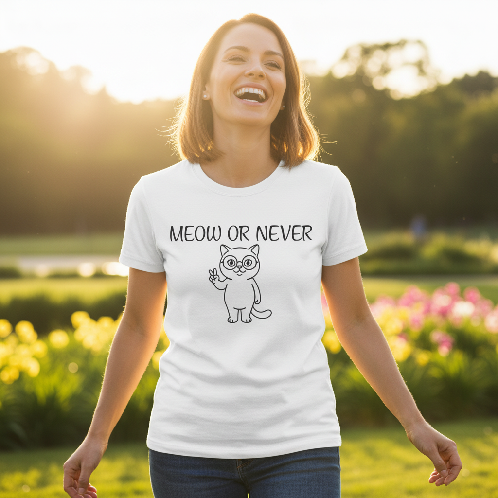 Meow or Never Cat T-Shirt | Funny Retro Cat Lover Gift Tee for Cat Mums & Dads