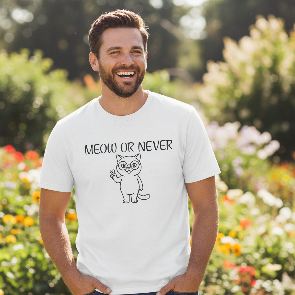 Meow or Never Cat T-Shirt | Funny Retro Cat Lover Gift Tee for Cat Mums & Dads