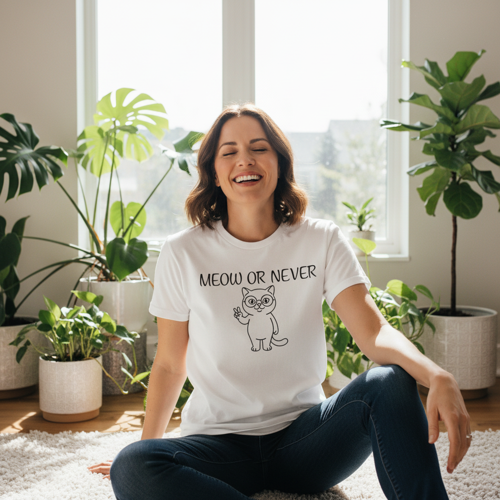 Meow or Never Cat T-Shirt | Funny Retro Cat Lover Gift Tee for Cat Mums & Dads