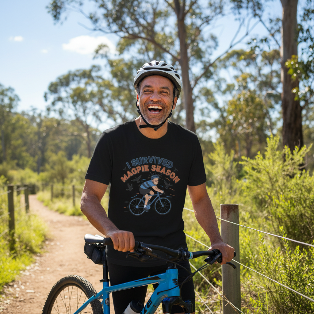 I Survived Magpie Season Cyclist Tee | Funny Aussie Bird Gift T-Shirt for Bike Riders
