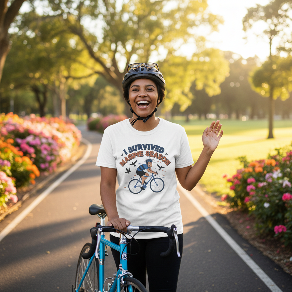 I Survived Magpie Season Cyclist Tee | Funny Aussie Bird Gift T-Shirt for Bike Riders