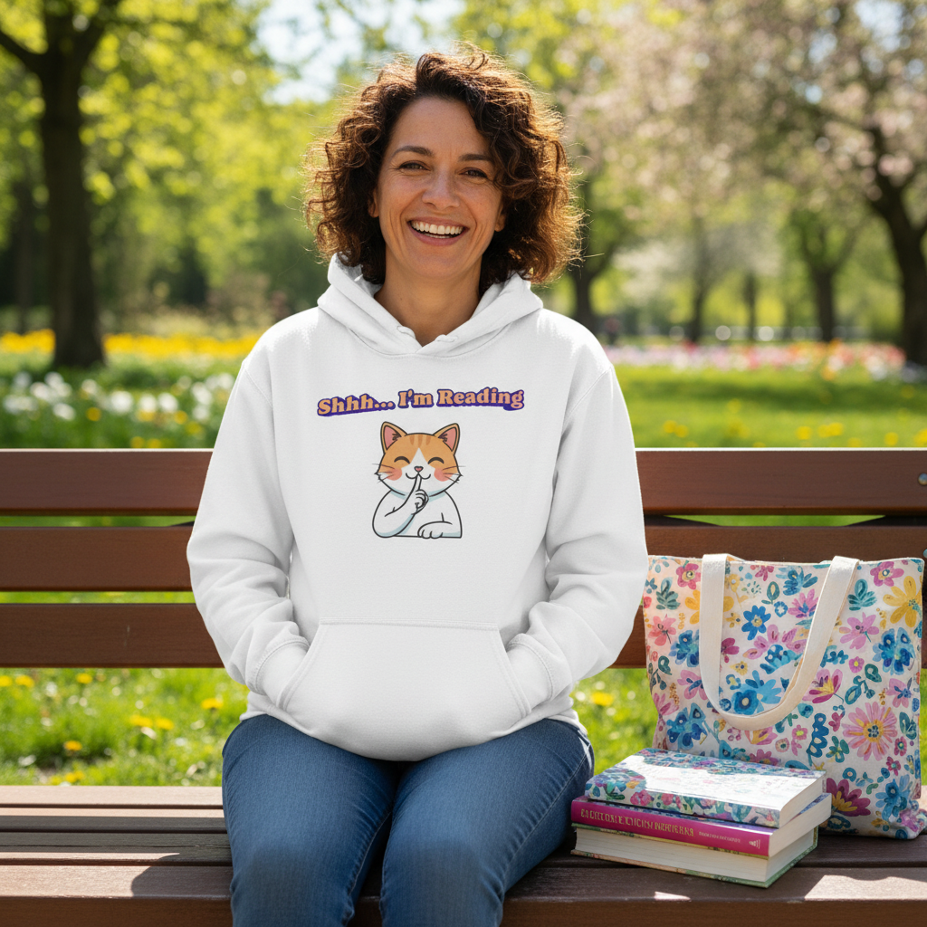 Reading Cat Hoodie — "Shhh... I'm Reading" Cute Cat Graphic Pullover