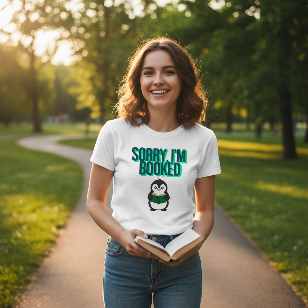 Sorry I'm Booked Penguin Reading Tee | Cute Book Lover Gift T-Shirt for Bookworms & Readers