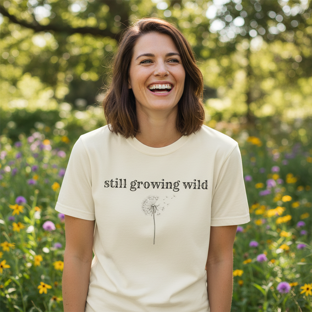 Still Growing Wild T-Shirt — Dandelion Graphic Tee (Boho Nature Vibe)