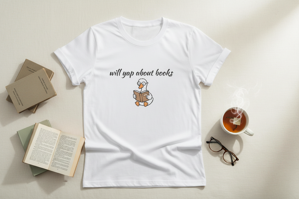 Will Yap About Books tee flat lay with books and tea