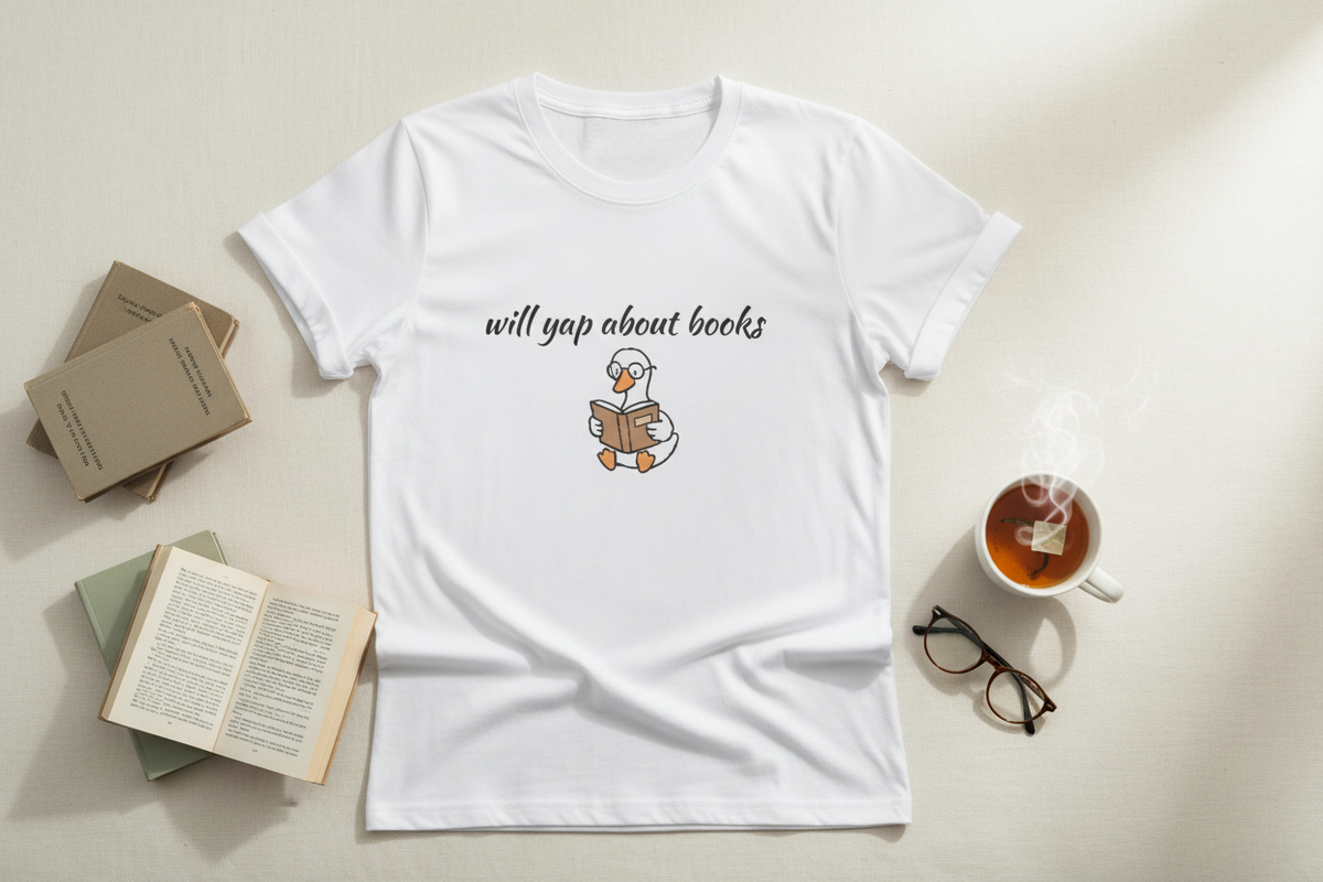 Will Yap About Books tee flat lay with books and tea
