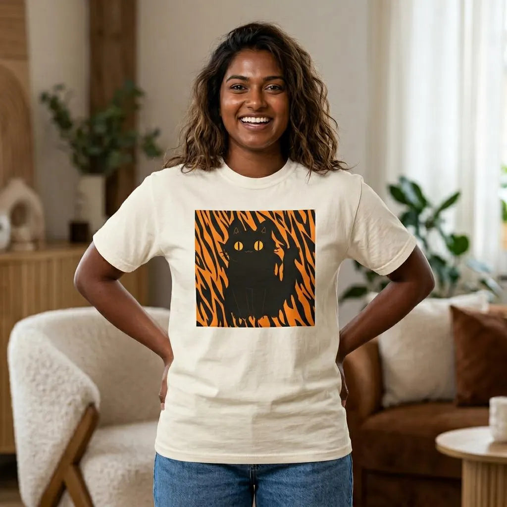 Black Cat on Orange Tiger Stripes T-Shirt